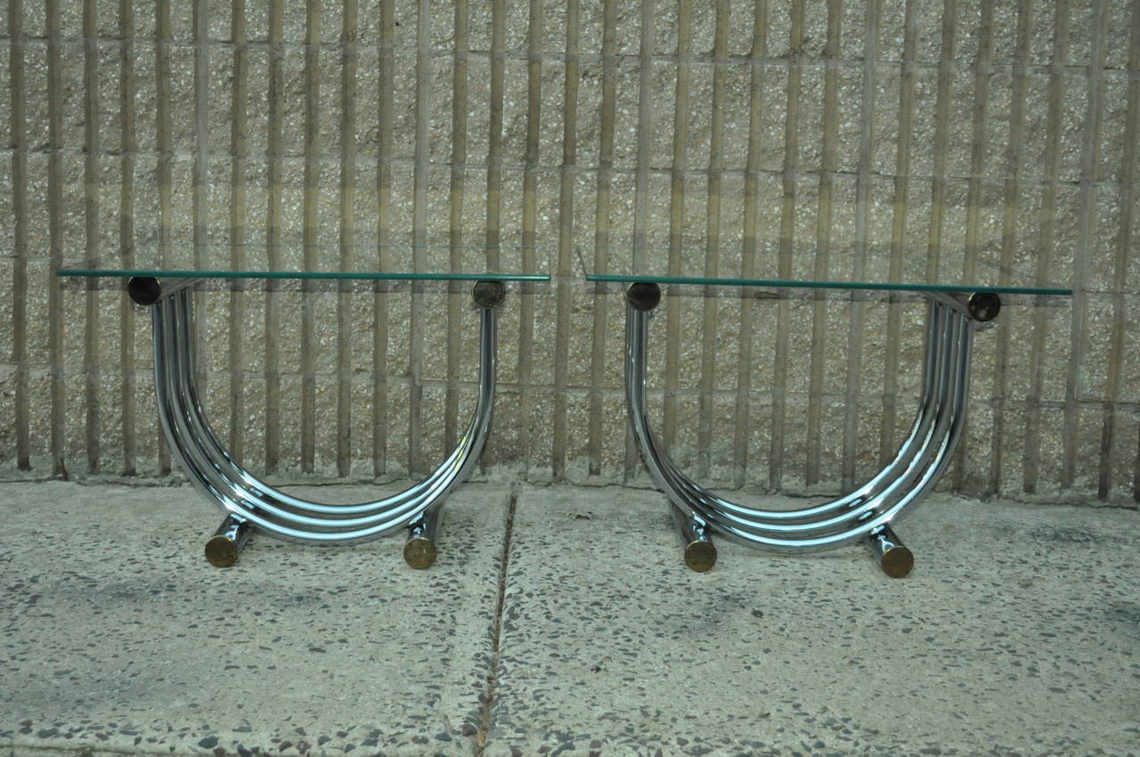 American Pair of Chrome, Brass, and Glass Sculpted Arch End Tables attr. to Romeo Rega