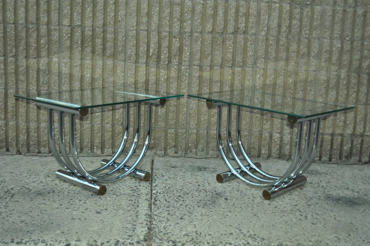 Pair of Chrome, Brass, and Glass Sculpted Arch End Tables attr. to Romeo Rega 3