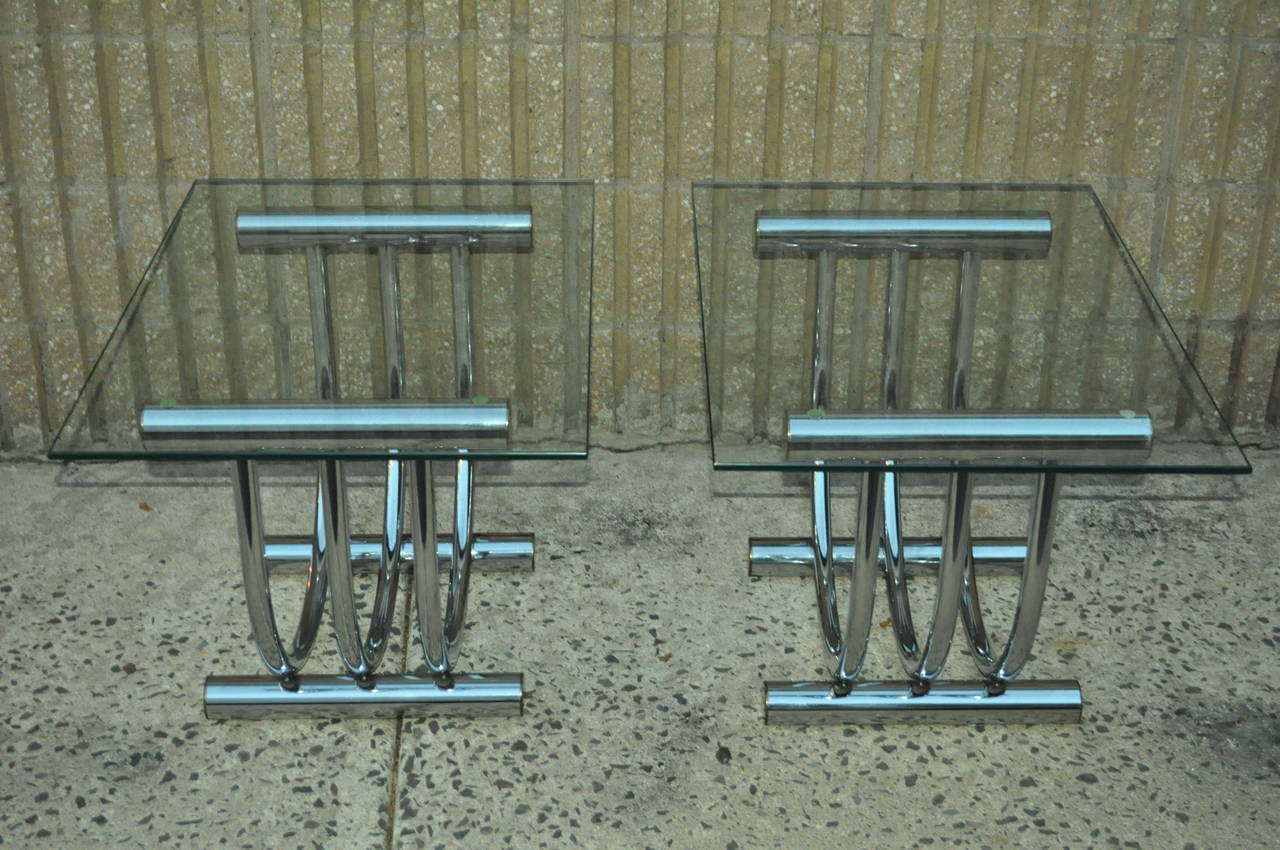Pair of Chrome, Brass, and Glass Sculpted Arch End Tables attr. to Romeo Rega In Good Condition In Philadelphia, PA