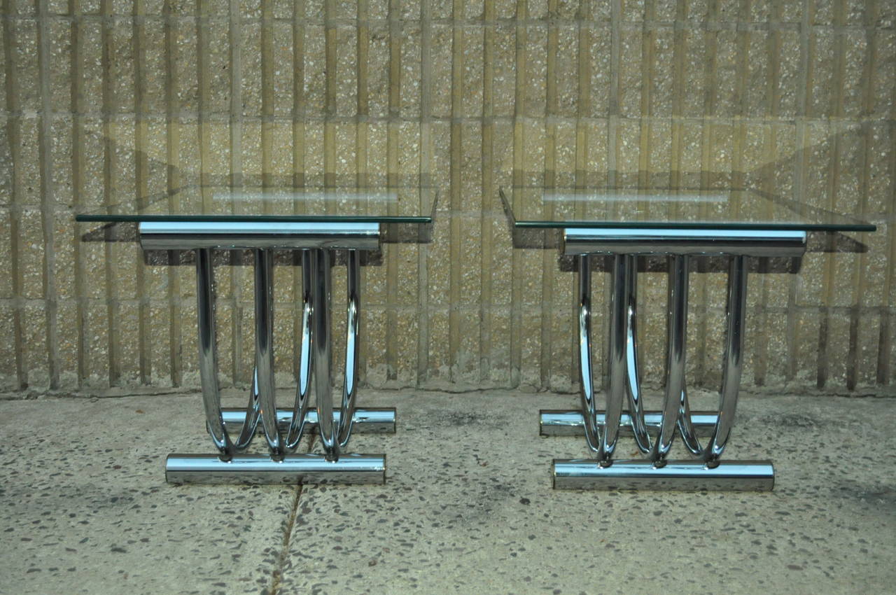 20th Century Pair of Chrome, Brass, and Glass Sculpted Arch End Tables attr. to Romeo Rega