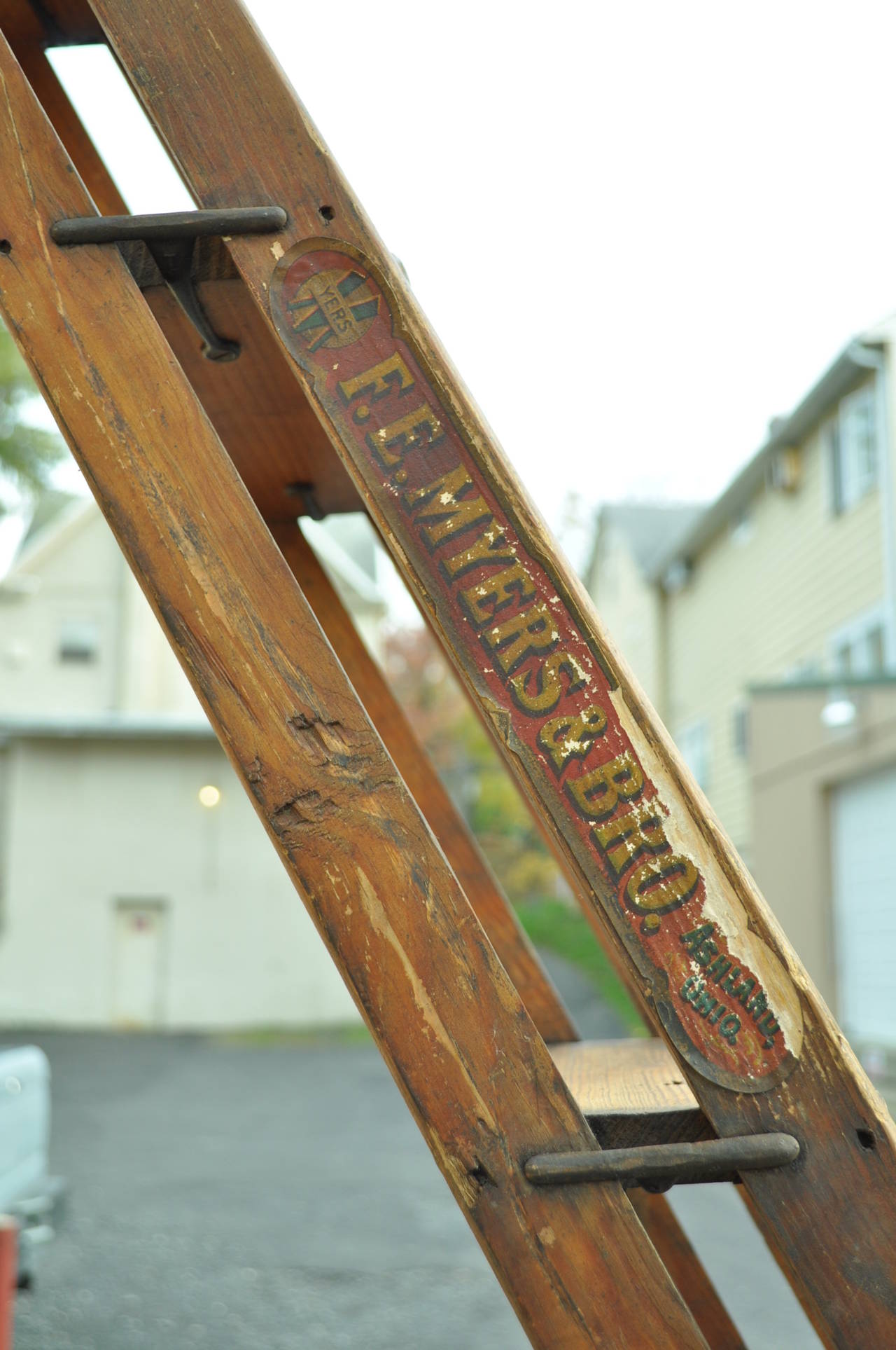 F.E. Myers Bros. Country Store or Library Rustic Ladders with Hardware In Distressed Condition In Philadelphia, PA