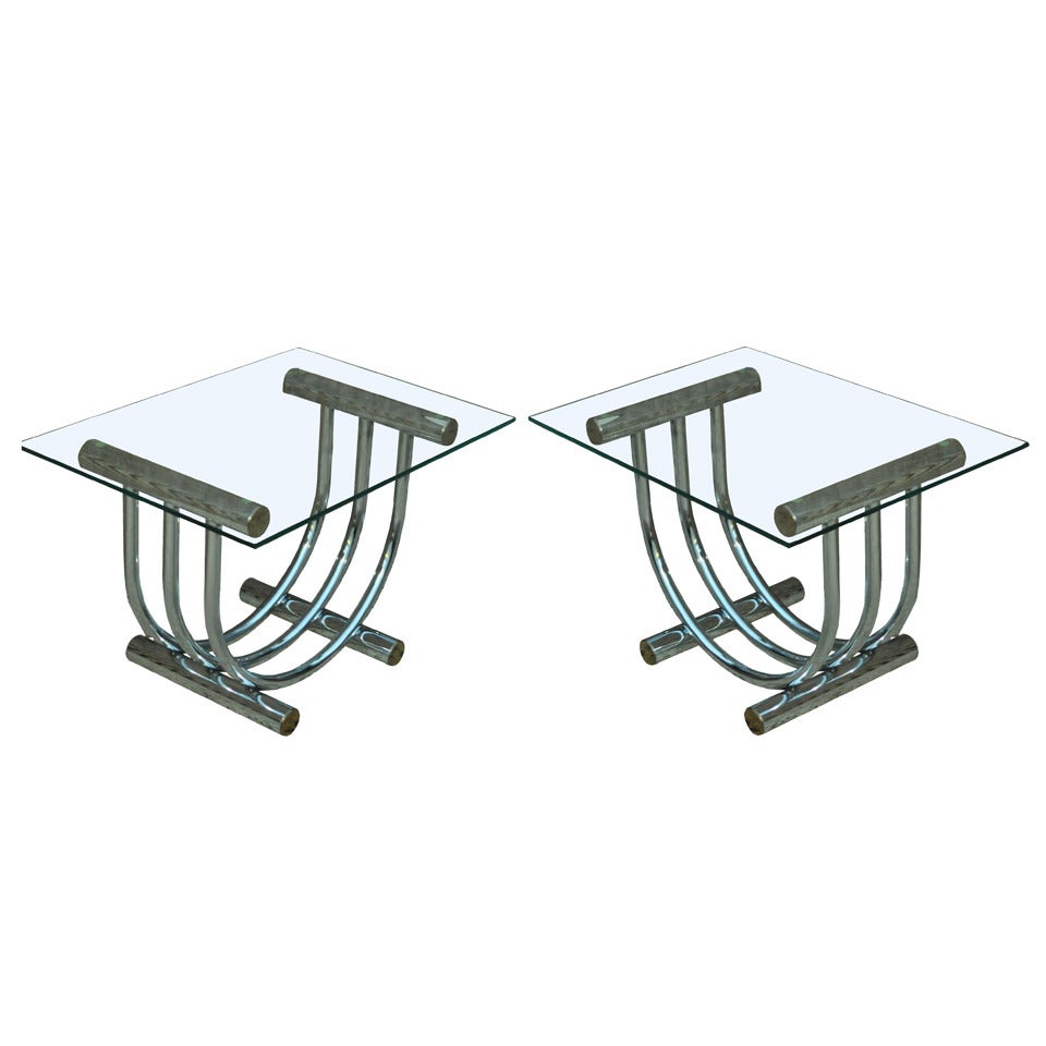 Pair of Chrome, Brass, and Glass Sculpted Arch End Tables attr. to Romeo Rega