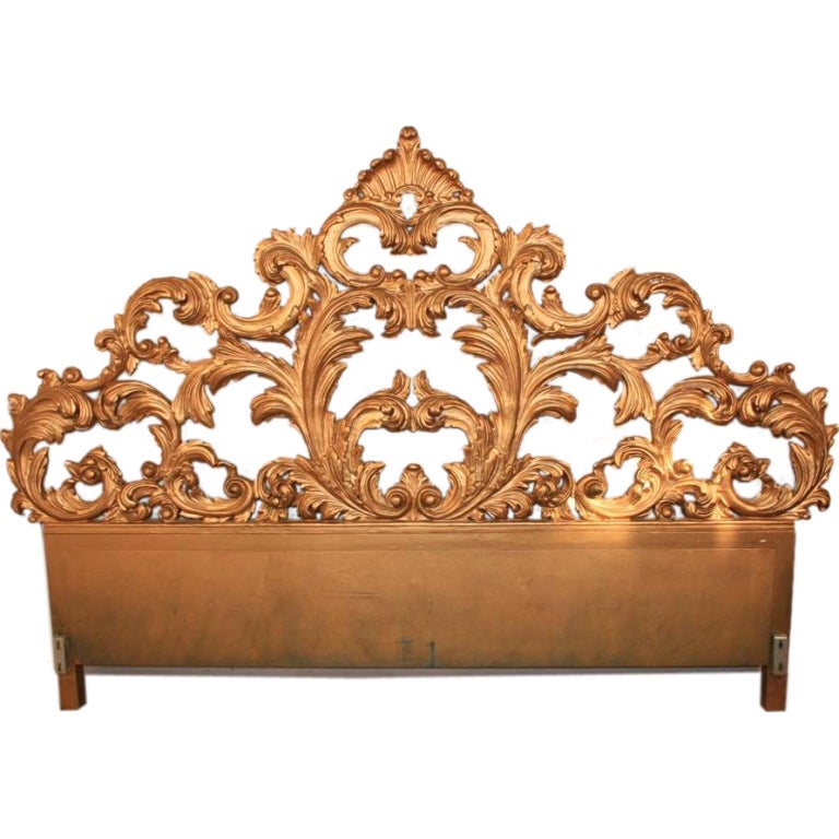 Vintage Carved Wood & Gesso Rococo Style King Size Bed Headboard