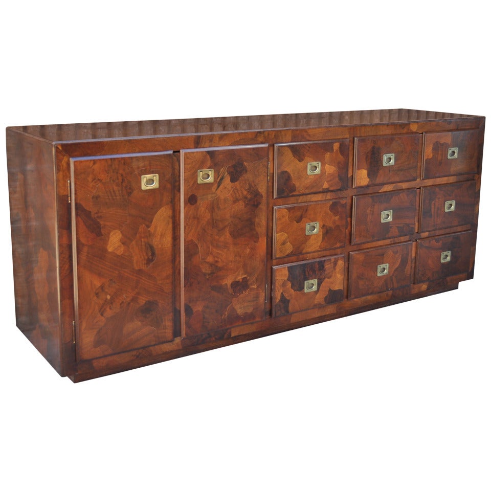 Patchwork Burl Wood Campaign Style Credenza / Chest after Milo Baughman