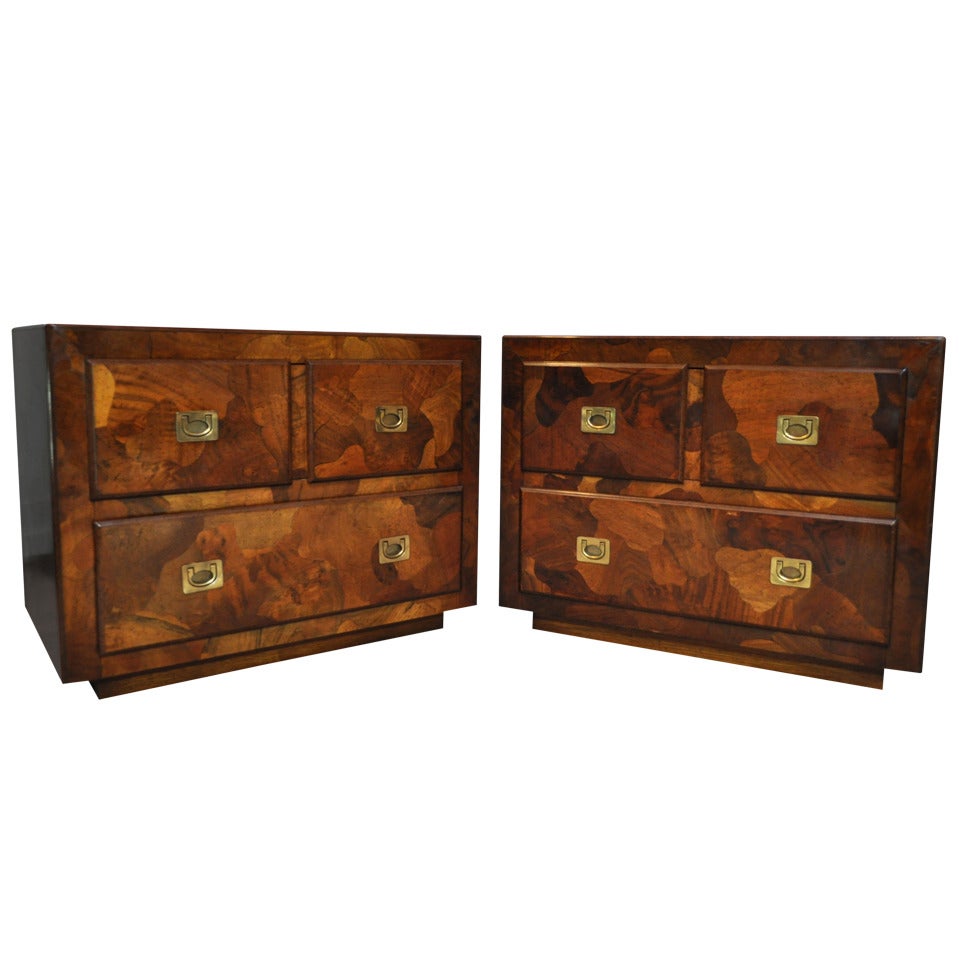 Pair Patchwork Burl Wood Campaign Style Nightstands Chests - Milo Baughman Taste