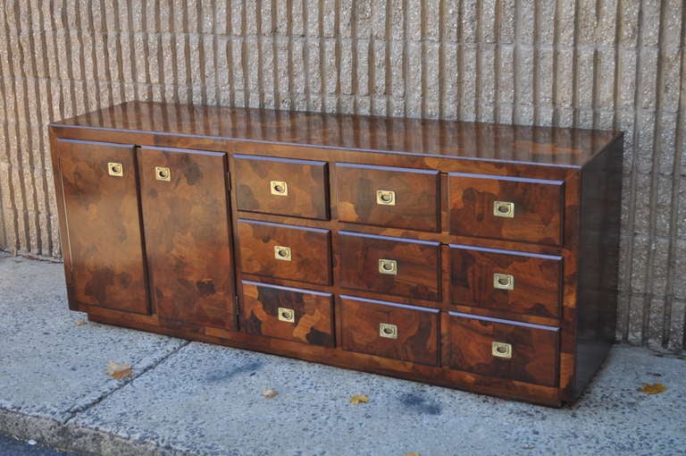 Brass Patchwork Burl Wood Campaign Style Credenza / Chest after Milo Baughman