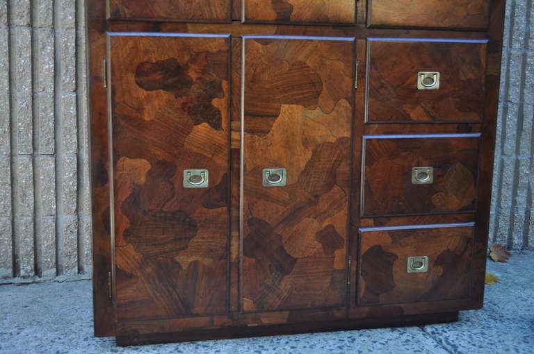 Mid-Century Modern American of Martinsville Patchwork Burl Wood Campaign Milo Baughman Style Chest