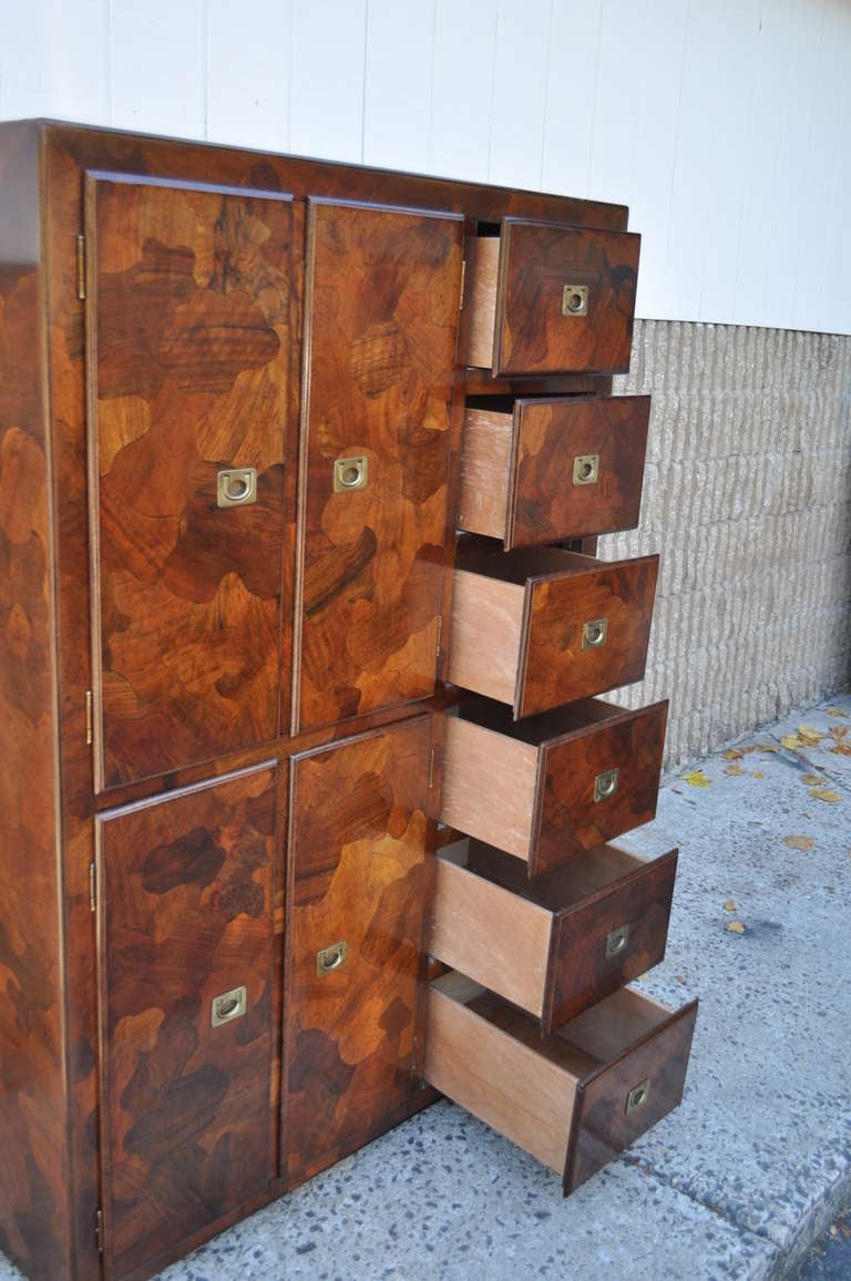 American of Martinsville Patchwork Burl Wood Campaign Milo Baughman Style Chest In Good Condition In Philadelphia, PA