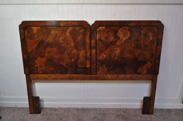 Fantastic Vintage Modernist Burl Patchwork Full / Queen Size Headboard in the Milo Baughman Taste by American of Martinsville. This remarkable piece features the most magnificent patchwok design with beautiful color and lines. Please note: This