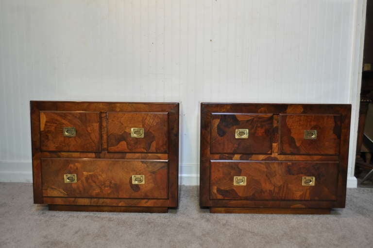 Beautiful Pair of  Mid Century Modern Patchwork Burl Wood Campaign Style Nightstands / End Tables in the Milo Baughman style by American of Martinsville. These fine tables feature brass inset pulls, two drawers each, beautiful woodgrain, and great