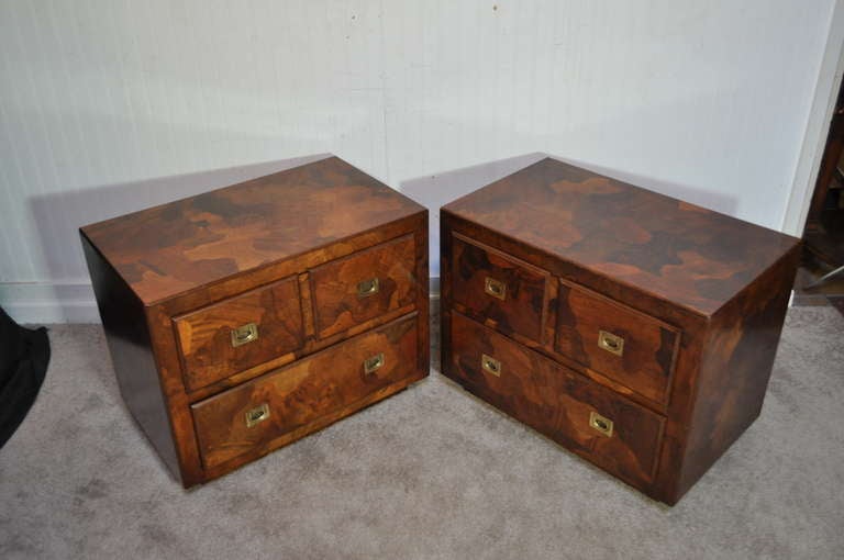 Pair Patchwork Burl Wood Campaign Style Nightstands Chests - Milo Baughman Taste 4