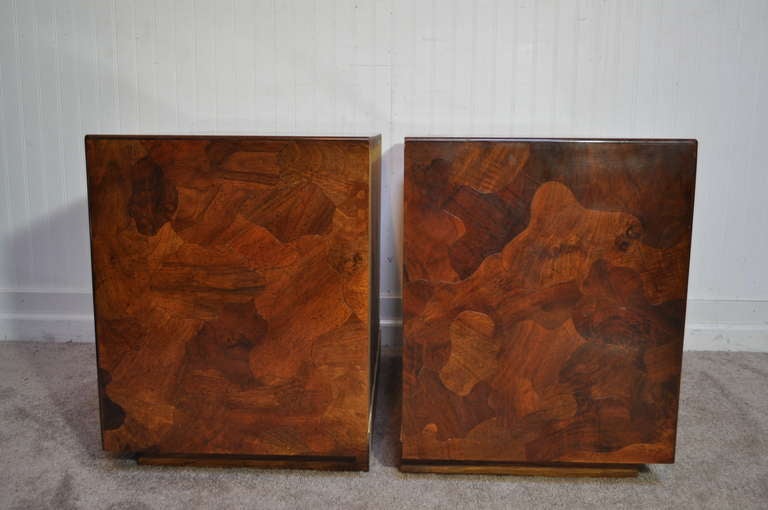 American Pair Patchwork Burl Wood Campaign Style Nightstands Chests - Milo Baughman Taste