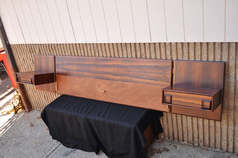 Mid-Century Modern Rosewood Floating King Bed Headboard & Pair Nightstands Arne Vodder Danish Style