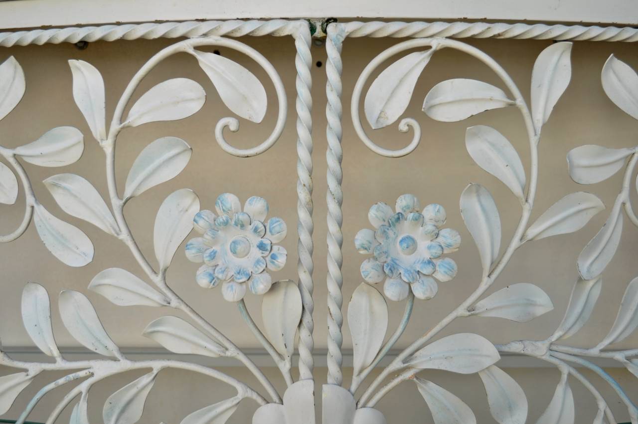 Hollywood Regency French Floral Shabby Chic Wrought Iron Mirror & Marble Top Console Table Cabinet
