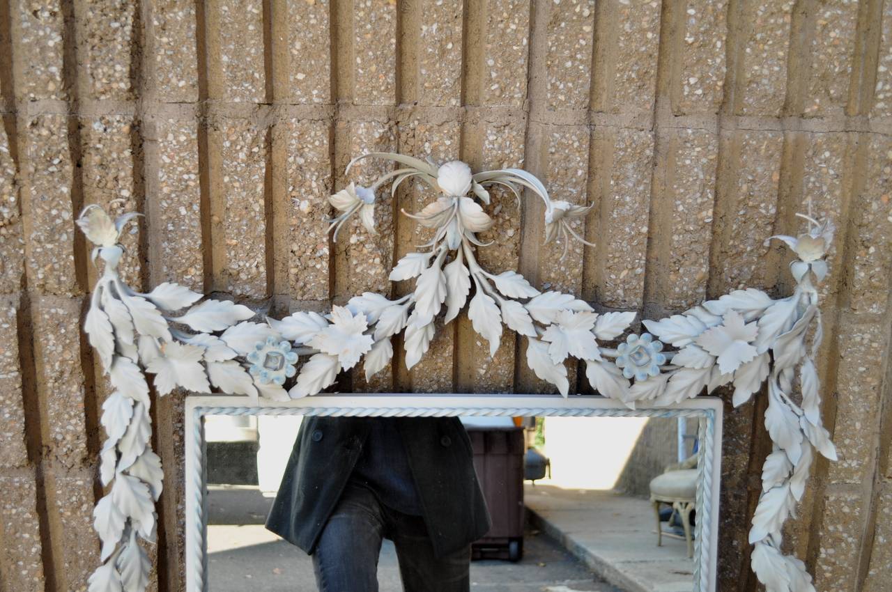 French Floral Shabby Chic Wrought Iron Mirror & Marble Top Console Table Cabinet In Good Condition In Philadelphia, PA