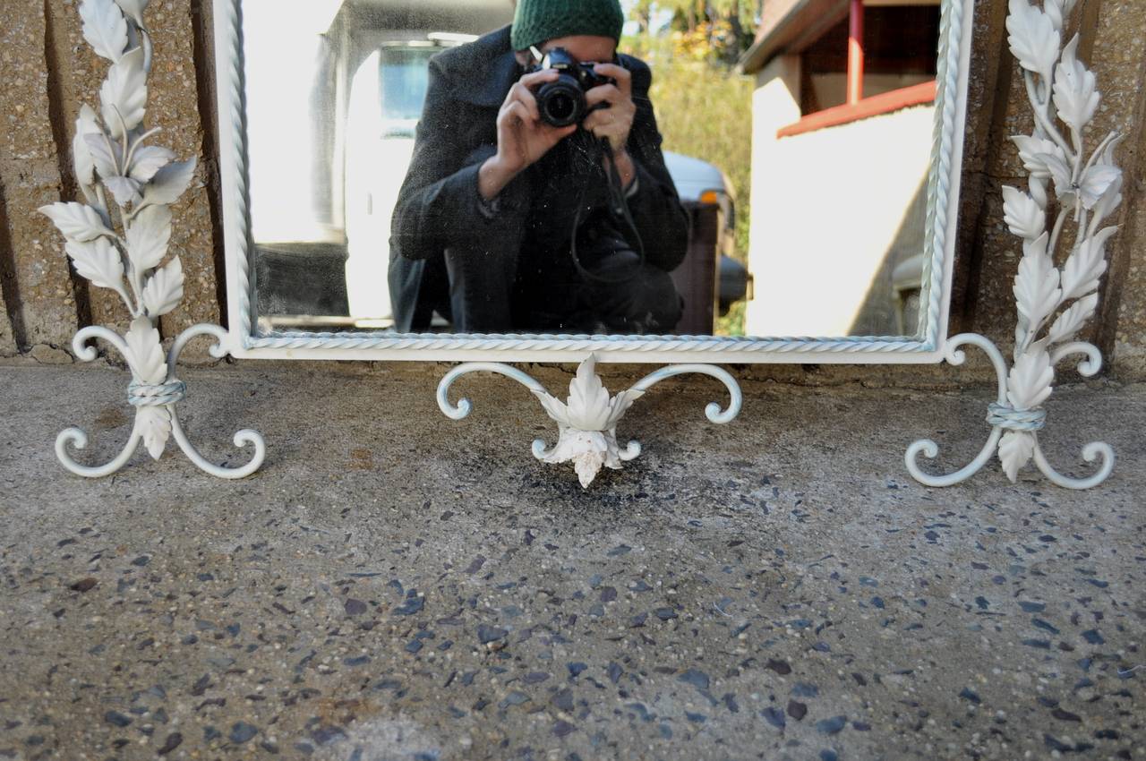 20th Century French Floral Shabby Chic Wrought Iron Mirror & Marble Top Console Table Cabinet