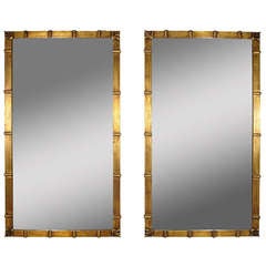 Vintage Pair of Hollywood Regency Gold Gilt Iron Faux Bamboo Wall Mirrors - Tole