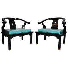 Pair Chinoiserie Oriental Black Lacquer Lounge Armchairs James Mont Asian Style 3