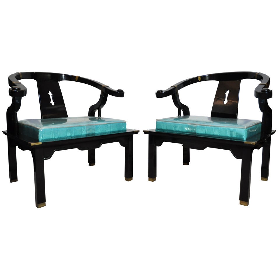 Pair Oriental Black Lacquer James Mont Ming Style Horseshoe Blue Lounge Chairs