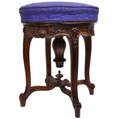 Antique French Louis XV Style Carved Walnut Adjustable Vanity Stool - Piano Seat