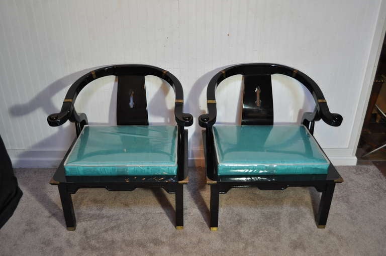 Wood Pair Oriental Black Lacquer James Mont Ming Style Horseshoe Blue Lounge Chairs