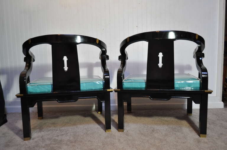 Mid-Century Modern Pair Oriental Black Lacquer James Mont Ming Style Horseshoe Blue Lounge Chairs
