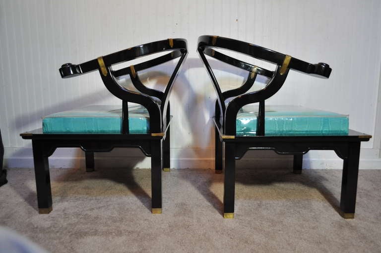 Pair Oriental Black Lacquer James Mont Ming Style Horseshoe Blue Lounge Chairs In Good Condition In Philadelphia, PA