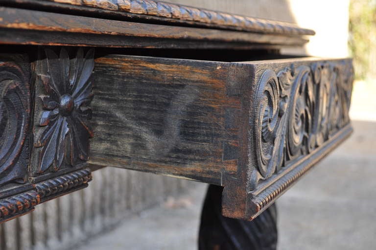 Antique Carved Oak Renaissance Revival Baroque Style Writing Desk - Console In Distressed Condition In Philadelphia, PA