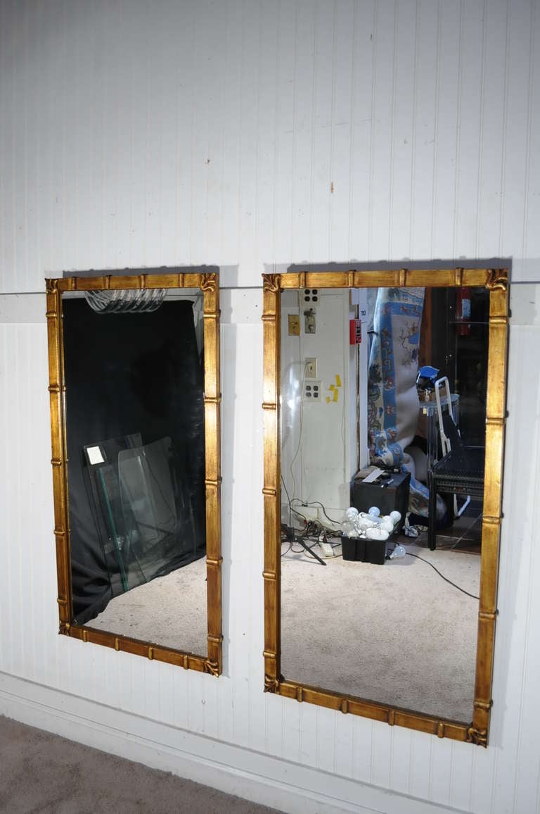 Vintage Pair of Hollywood Regency Gold Gilt Iron Faux Bamboo Wall Mirrors - Tole