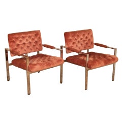 Pair Milo Baughman Thayer Coggin Flat Bar Chrome Lounge Chairs