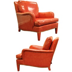 Pair of Hollywood Regency Red Vinyl English Style Fun Club Lounge Library Chairs