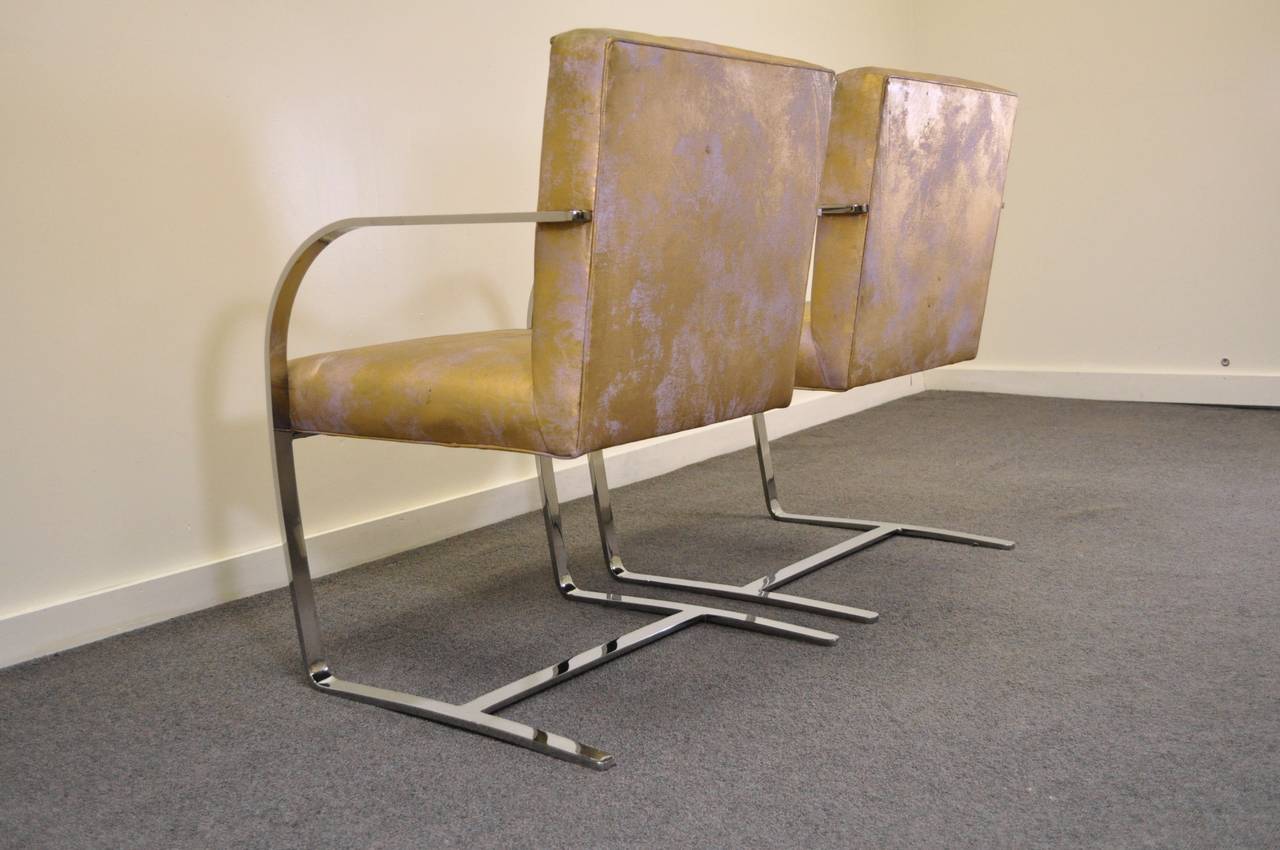 Stainless Steel Pair of Mid Century Modern Cy Mann Flatbar Chrome Brno Style Cantilever Chairs