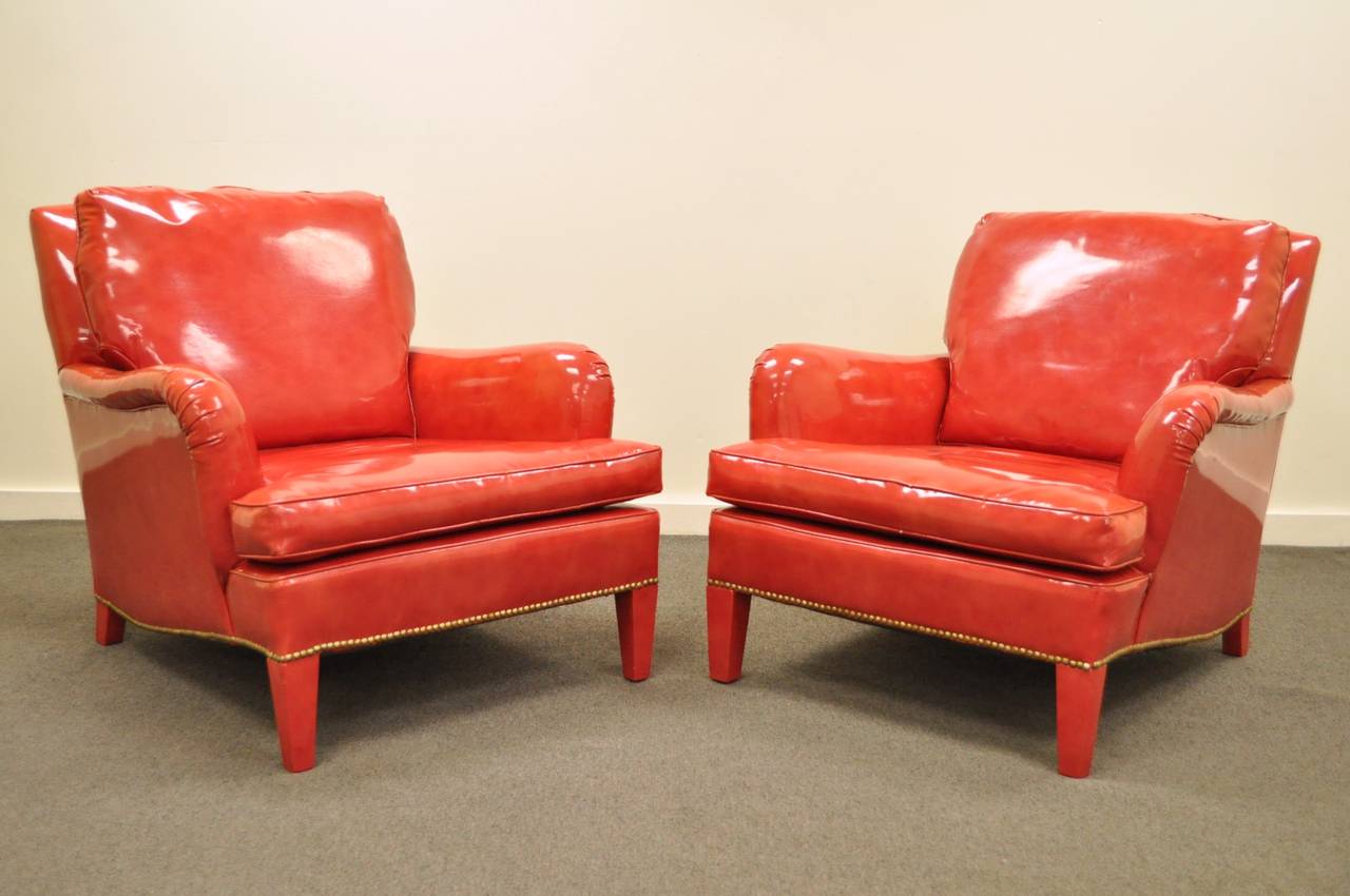Pair of Hollywood Regency Red Vinyl English Style Fun Club Lounge Library Chairs 1