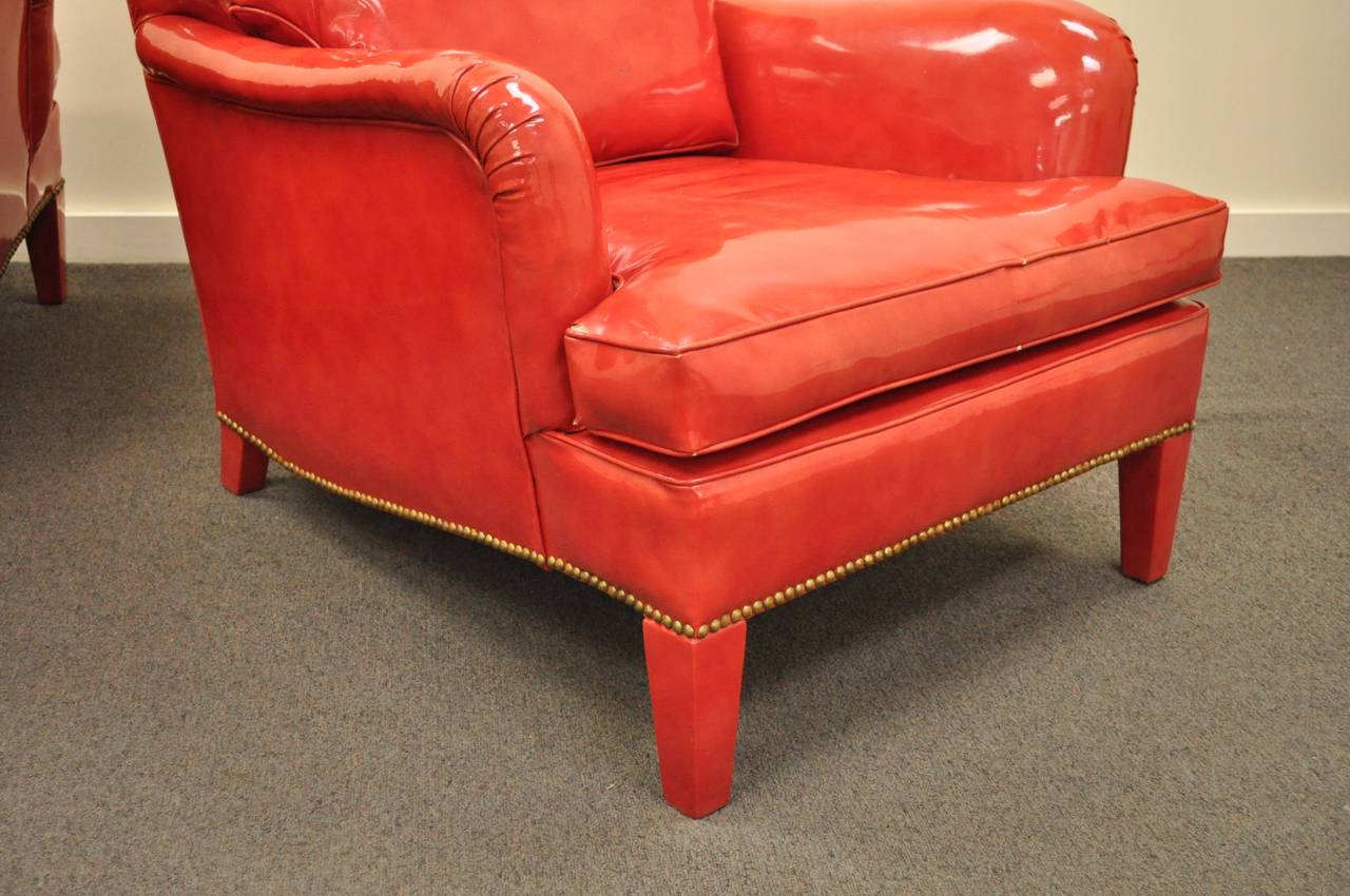 American Pair of Hollywood Regency Red Vinyl English Style Fun Club Lounge Library Chairs