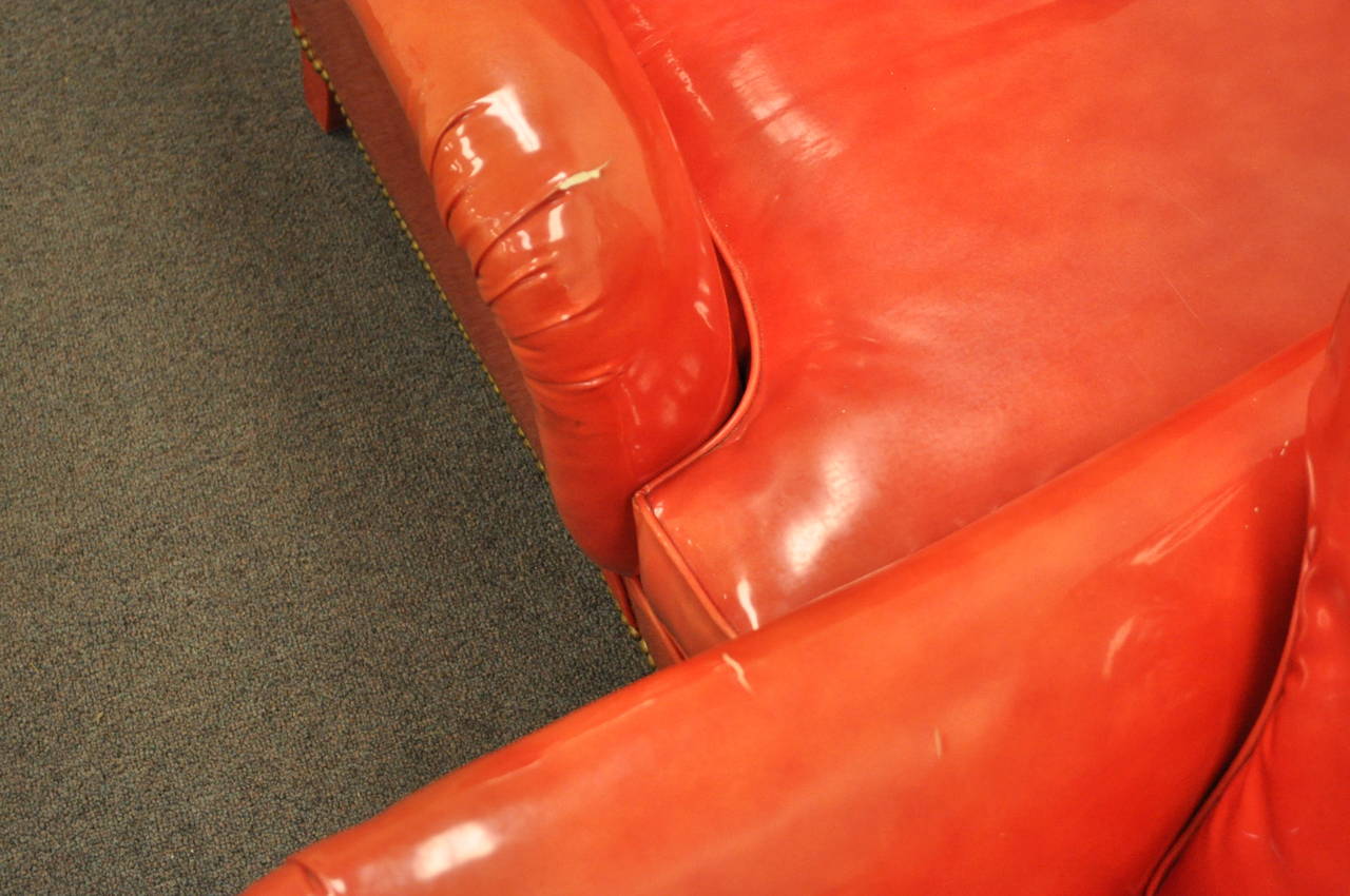 Pair of Hollywood Regency Red Vinyl English Style Fun Club Lounge Library Chairs In Good Condition In Philadelphia, PA