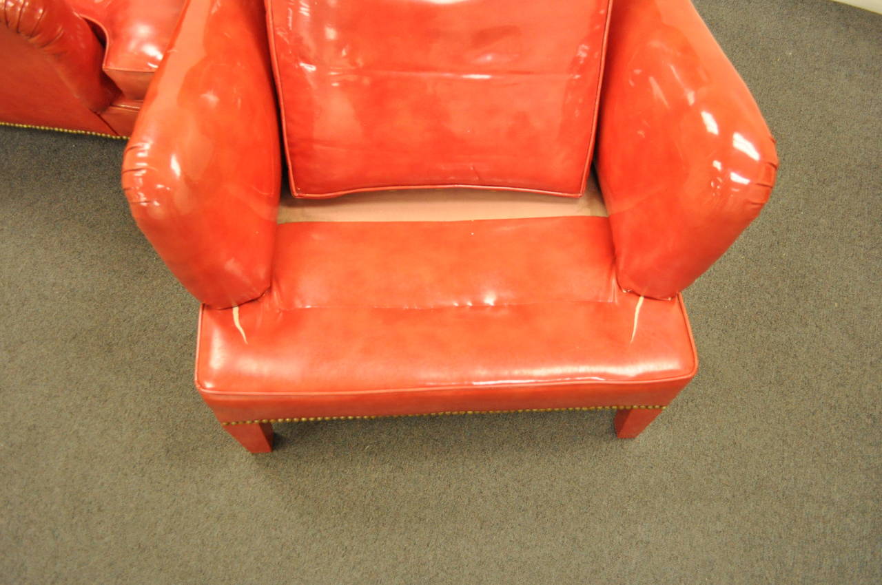 20th Century Pair of Hollywood Regency Red Vinyl English Style Fun Club Lounge Library Chairs