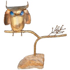 Vintage Blue Eyed Curtis Jere Brutalist Owl Sculpture - Signed