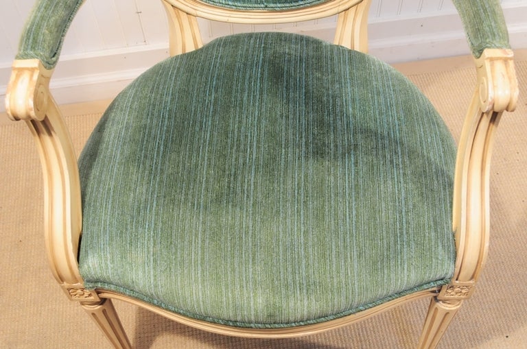 1960's Distress Painted French Louis XVI Style Carved Fauteuils 2