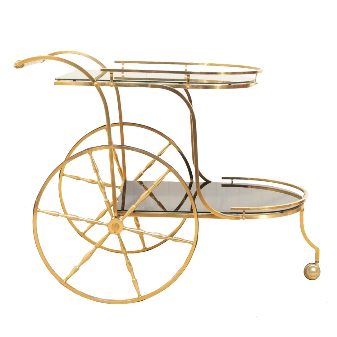 Vintage Italian Hollywood Regency Solid Brass & Gold Flecks Black Glass Tea Cart