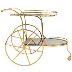 Vintage Italian Hollywood Regency Solid Brass & Gold Flecks Black Glass Tea Cart
