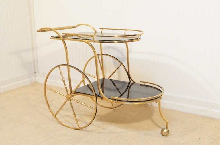 Vintage Italian Hollywood Regency Solid Brass & Gold Flecks Black Glass Tea Cart 5