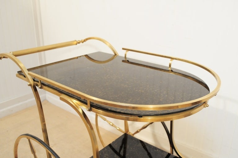 Vintage Italian Hollywood Regency Solid Brass & Gold Flecks Black Glass Tea Cart In Good Condition In Philadelphia, PA