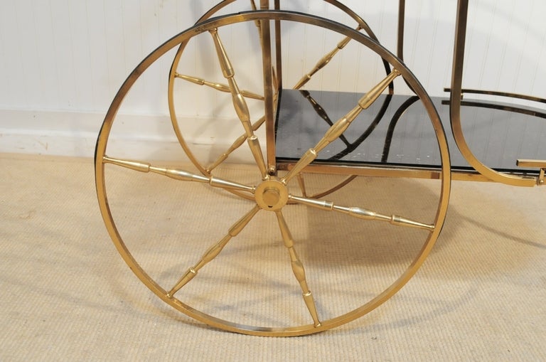20th Century Vintage Italian Hollywood Regency Solid Brass & Gold Flecks Black Glass Tea Cart