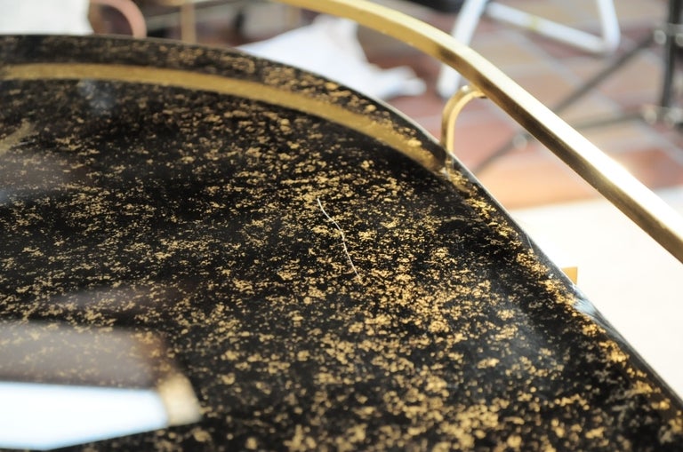 Vintage Italian Hollywood Regency Solid Brass & Gold Flecks Black Glass Tea Cart 1