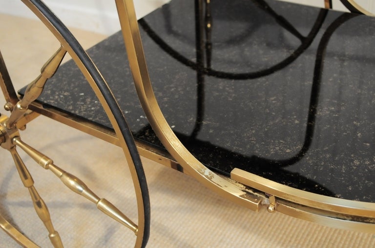 Vintage Italian Hollywood Regency Solid Brass & Gold Flecks Black Glass Tea Cart 3