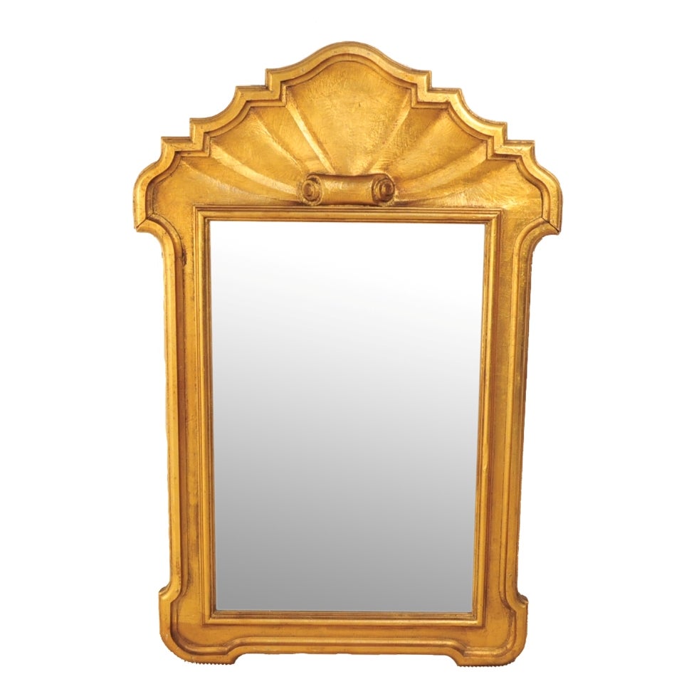 1940's Italian Carved Wood Scrolling Shell Form Gold Mirror For Sale