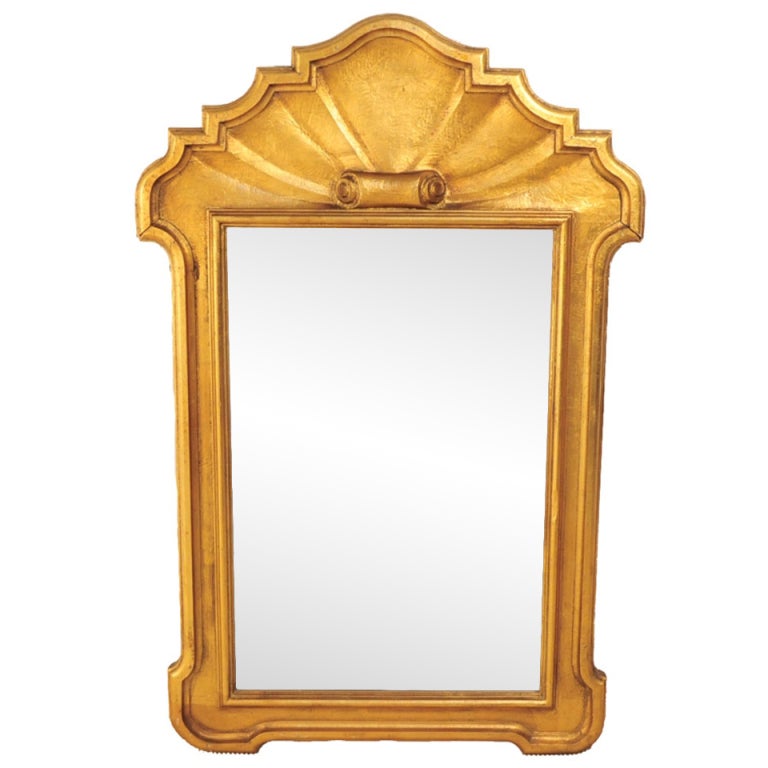 1940's Italian Carved Wood Scrolling Shell Form Gold Mirror