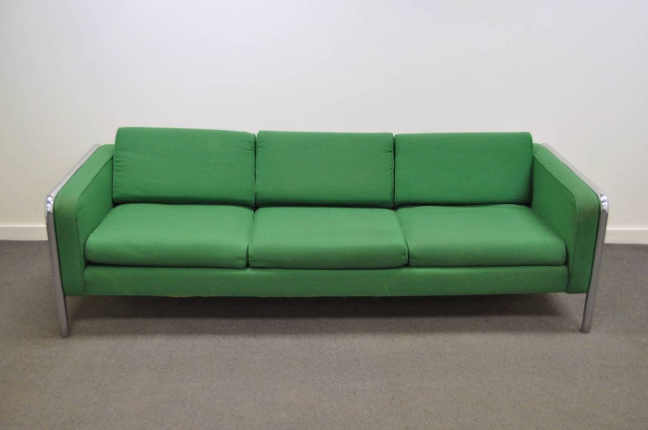 Mid Century Modern Tubular Chrome Frame Green 3 Seat Sofa after Milo Baughman 3