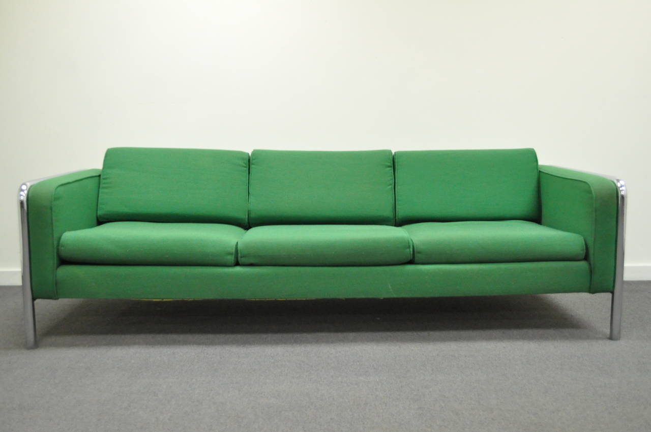 Mid-Century Modern Mid Century Modern Tubular Chrome Frame Green 3 Seat Sofa after Milo Baughman