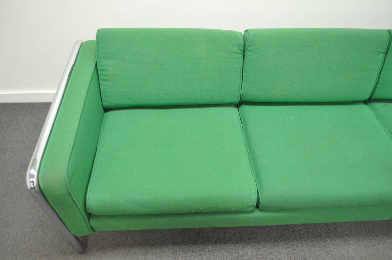 American Mid Century Modern Tubular Chrome Frame Green 3 Seat Sofa after Milo Baughman